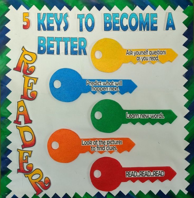 there are five keys to become a better reader on this bulletin board, and the text below them reads 5 keys to become a better reader