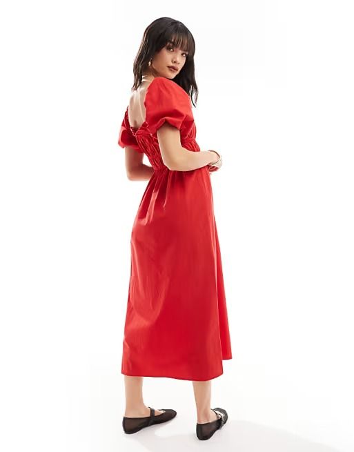 Nobody's Child Kurti midi dress in red | ASOS Red Midi Dress With Gathered Sleeves, Red Ruched Midi Dress With Puff Sleeves, Red Ruched Knee-length Midi Dress, Red Knee-length Ruched Midi Dress, Red Puff Sleeve Midi Dress For Spring, Chic Red Puff Sleeve Midi Dress, Chic Red Midi Dress With Puff Sleeves, Red Casual Puff Sleeve Midi Dress, Casual Red Puff Sleeve Midi Dress