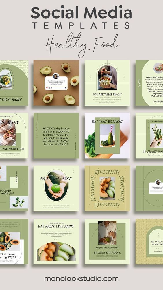 social media templates for healthy food with green and white designs on the front, side and