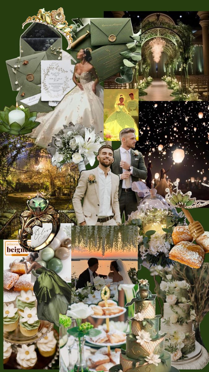 a collage of wedding pictures with green and white colors