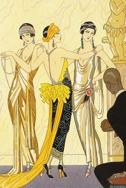 three women in art deco clothing standing next to each other and one woman holding an umbrella