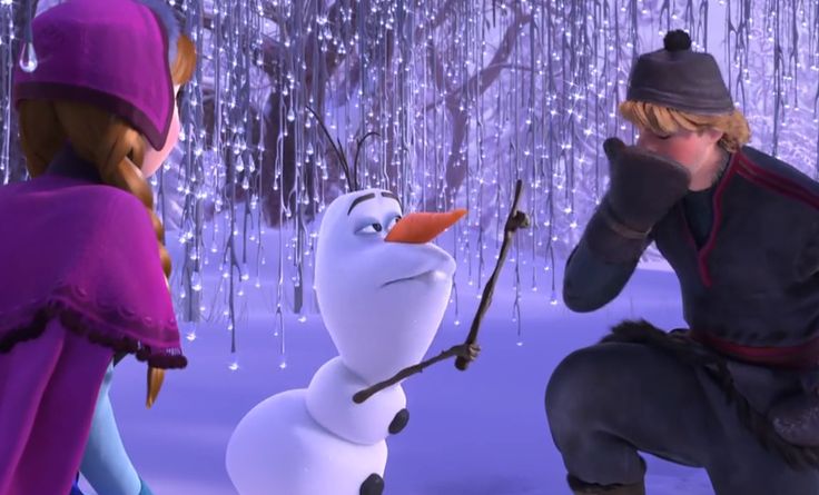 the animated characters are playing with each other in the snowman's hat and scarf