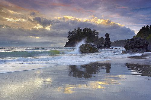 an ocean beach with waves crashing on the rocks and trees in the background at sunset