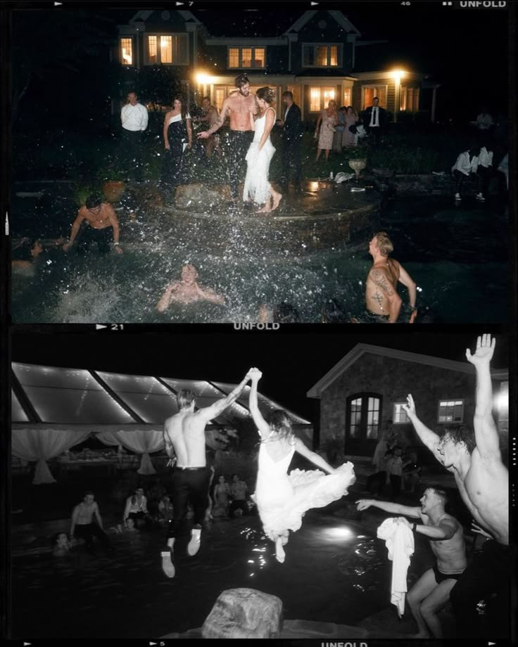 two pictures show people dancing in the water at night and on the dance floor with their hands up