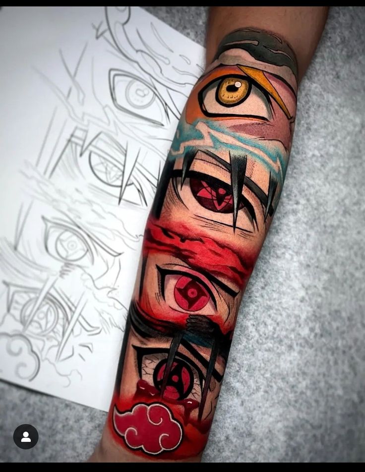 a person with a tattoo on their arm has many different eyes and clouds in the background