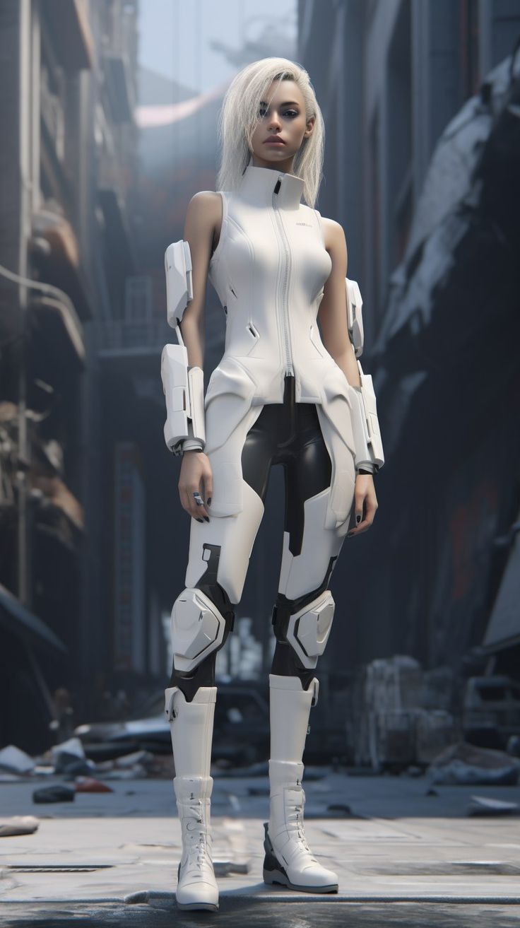 a woman with white hair and boots standing in the middle of an alleyway wearing futuristic clothing