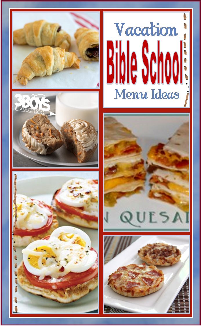 the cover of vacation bible school menus with pictures of different foods and pastries