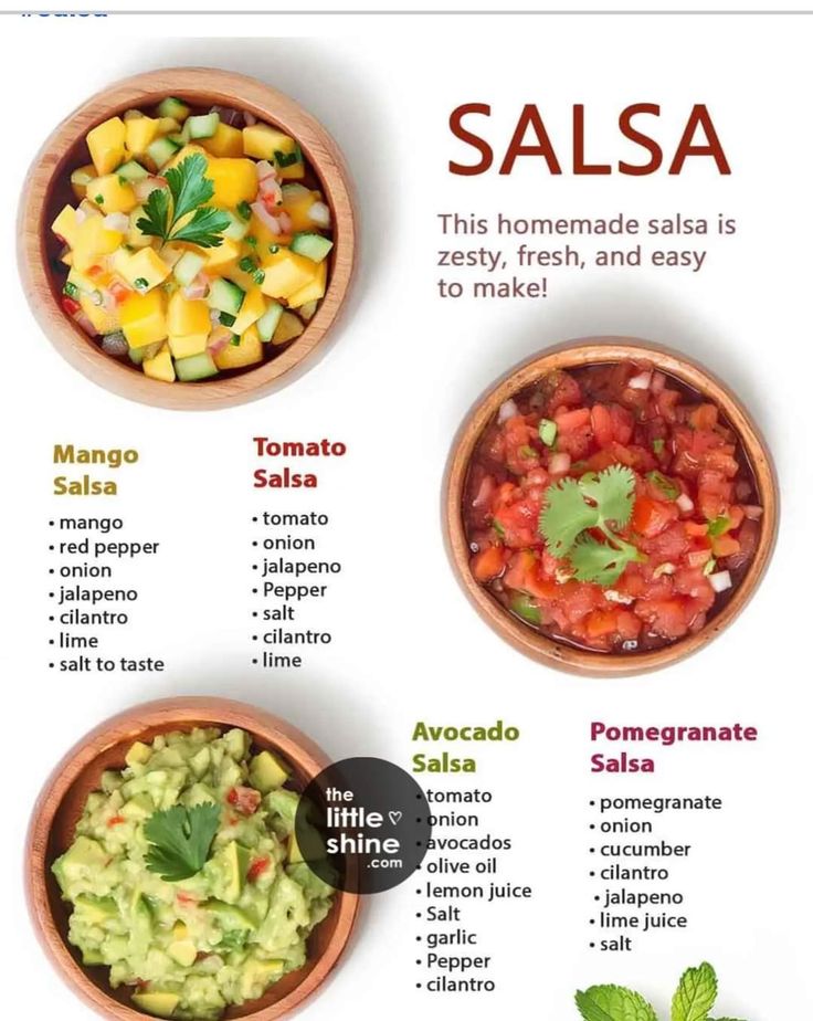 three bowls filled with different types of food and the words salsa written in spanish above them