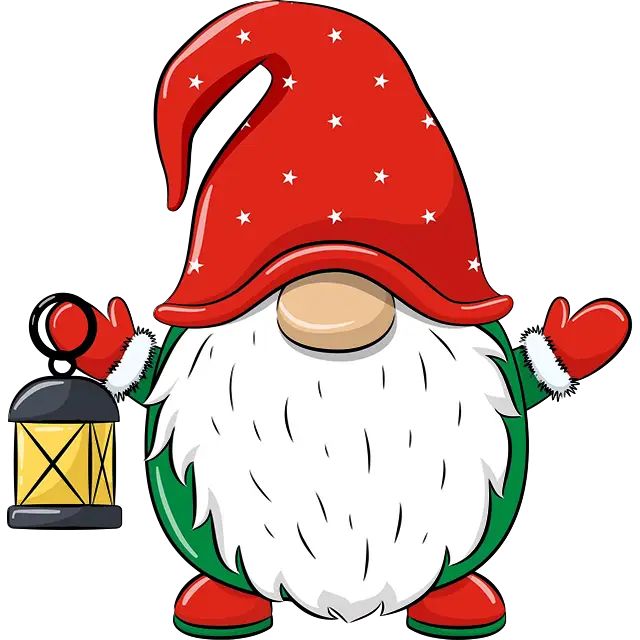 a cartoon christmas gnome holding a lantern and wearing a red hat with stars on it