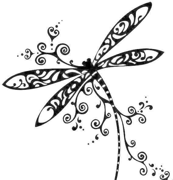 a black and white drawing of a dragonfly with swirls on it's wings