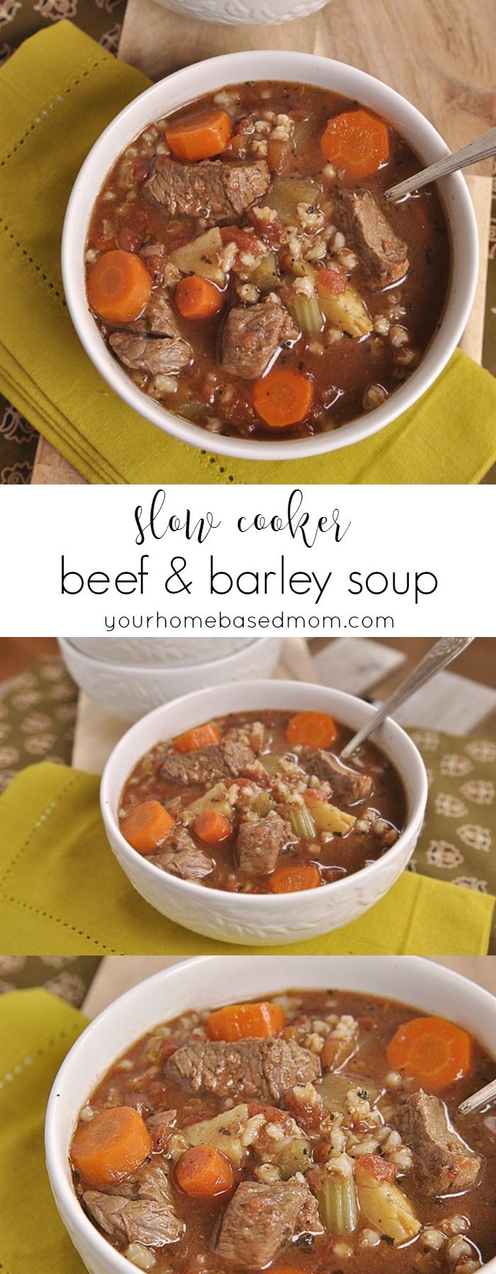 two bowls filled with beef and barley soup