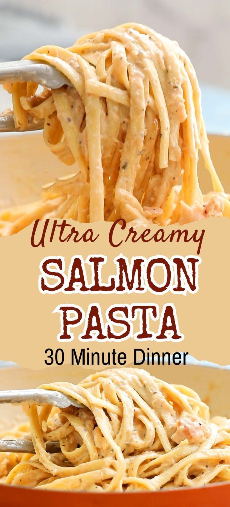 a fork full of pasta with the words ultra creamy salmon pasta on it and an image of