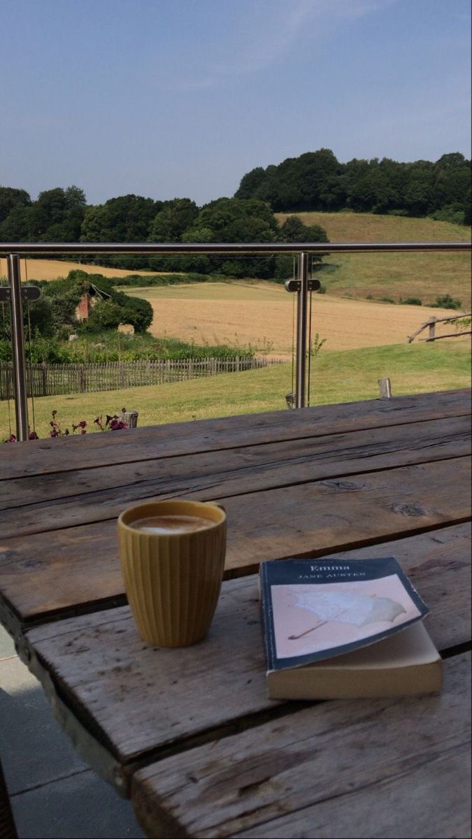 a table with a book and cup on it near a fenced in area that looks out over a field