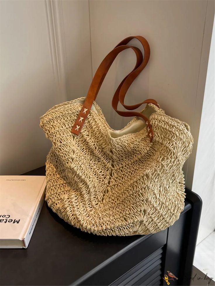 BirdinBag - Chic Beach Holiday Straw Tote Bag Beige Lightweight Tote Shoulder Bag, Lightweight Beige Tote Shoulder Bag, Chic Large Capacity Bags For Vacation, Beige Handheld Crochet Bag For Vacation, Lightweight Beige Shoulder Bag, Summer Hobo Tote Bag With Adjustable Strap, Spring Vacation Hobo Bag With Double Handle, Summer Hobo Bag With Adjustable Strap, Summer Tote Hobo Bag With Adjustable Strap