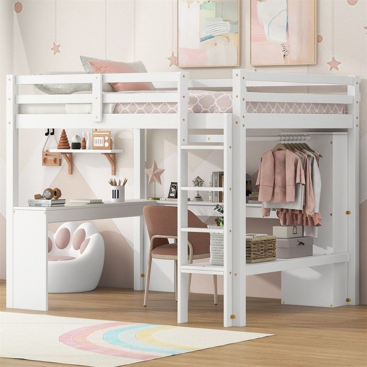 a white bunk bed sitting next to a desk and chair