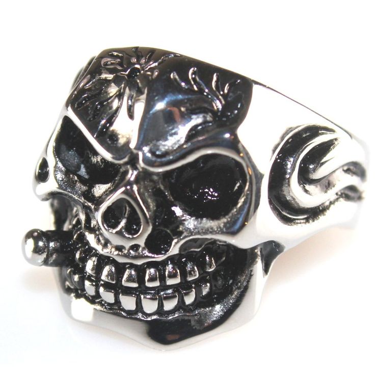 Vintage Gothic Oxidized Biker Smoking Bullet Skull Silver Punk Hiphop Ring A21 Punk Style Black Skull Ring Gift, Black Metal Skull Ring For Streetwear, Punk Skull Ring For Streetwear, Edgy Silver Skull Ring As Gift, Edgy Silver Skull Ring For Gift, Gothic Silver Skull Ring, Edgy Black Metal Skull Ring, Edgy Skull Ring Gift, Edgy Black Skull Ring For Halloween