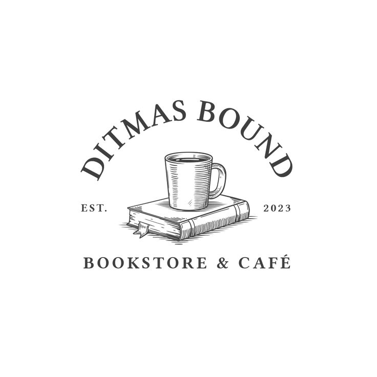 a book and coffee mug sitting on top of a table next to the words, dtma's bound bookstore & cafe