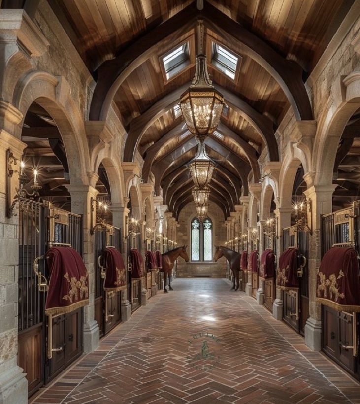 an ornate hallway with red and gold curtains