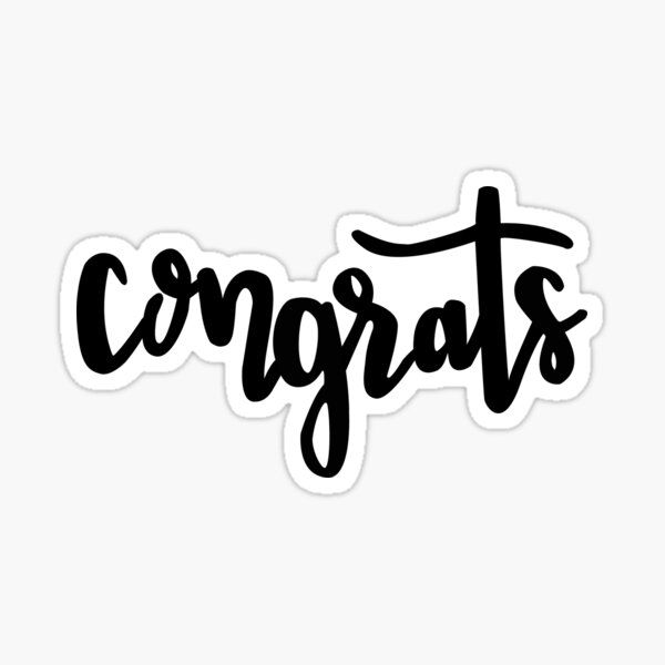 the word congrats written in black ink on a white sticker with an arrow