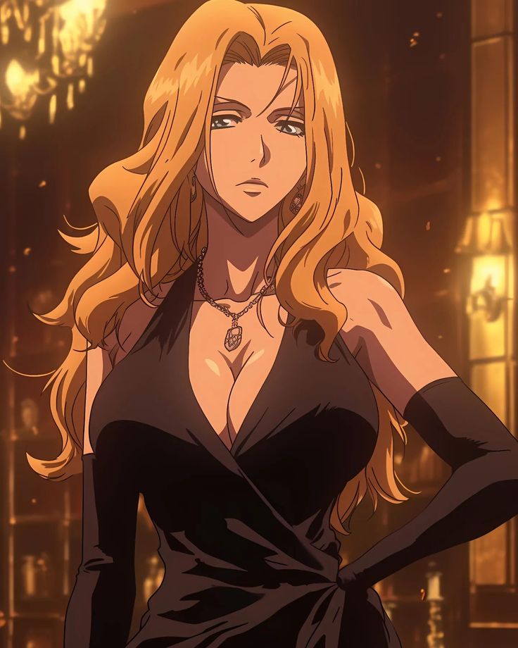 an anime character with long blonde hair in a black dress looking off to the side