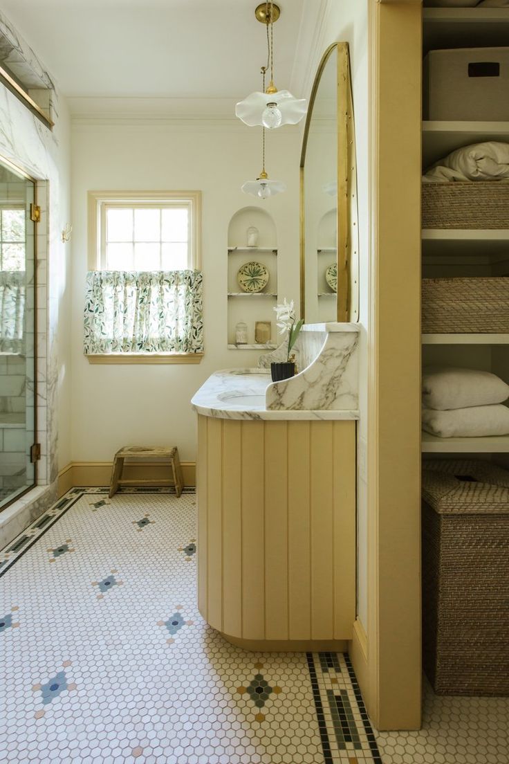 the bathroom is clean and ready to be used as a guest room or office space