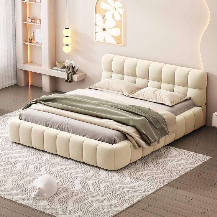 a large bed sitting on top of a wooden floor next to a white rug in a bedroom