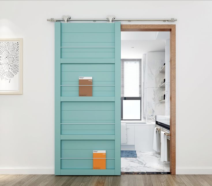 an open door in a white room with wood floors and blue shutters on the doors