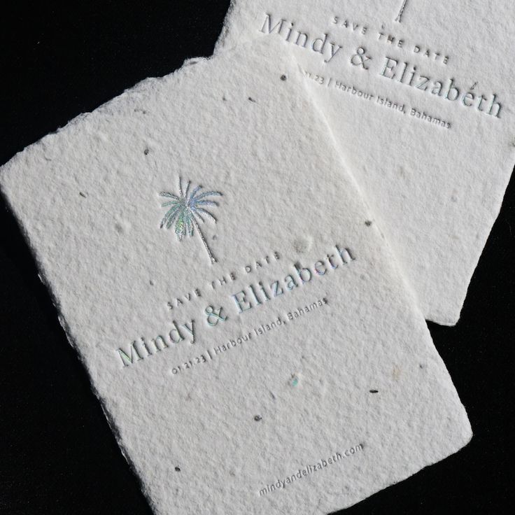 two white business cards with palm trees on the front and back, one for minty & elizabeth