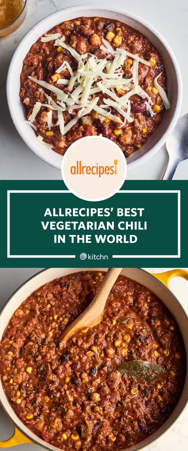 chili and cheese in a bowl with the title allrecipes best vegetarian chili in the world