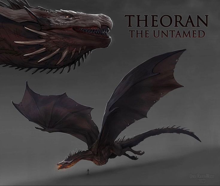 two dragon like creatures flying next to each other on a gray background with the words thoran the untamed above them