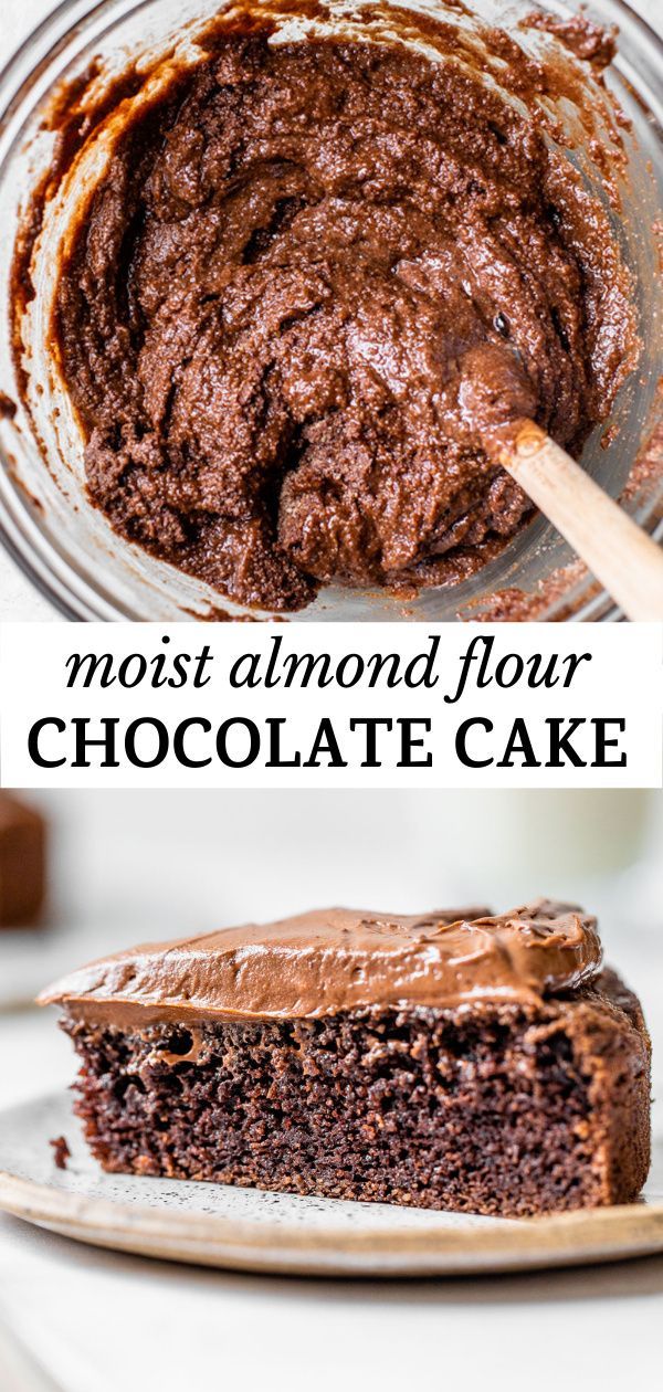 chocolate cake in a glass bowl with the words, most almond flour chocolate cake on top