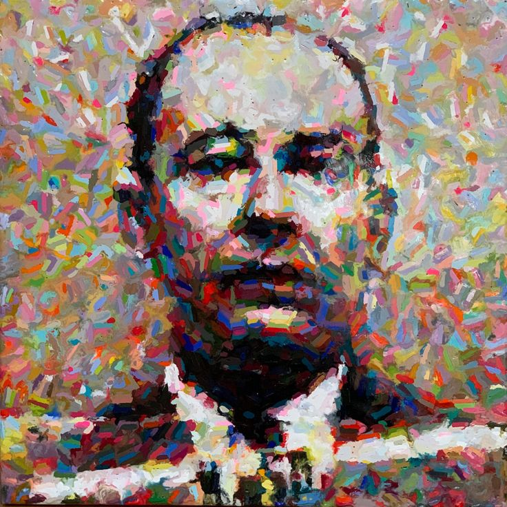 an abstract painting of a man's face and shoulders with multicolored background