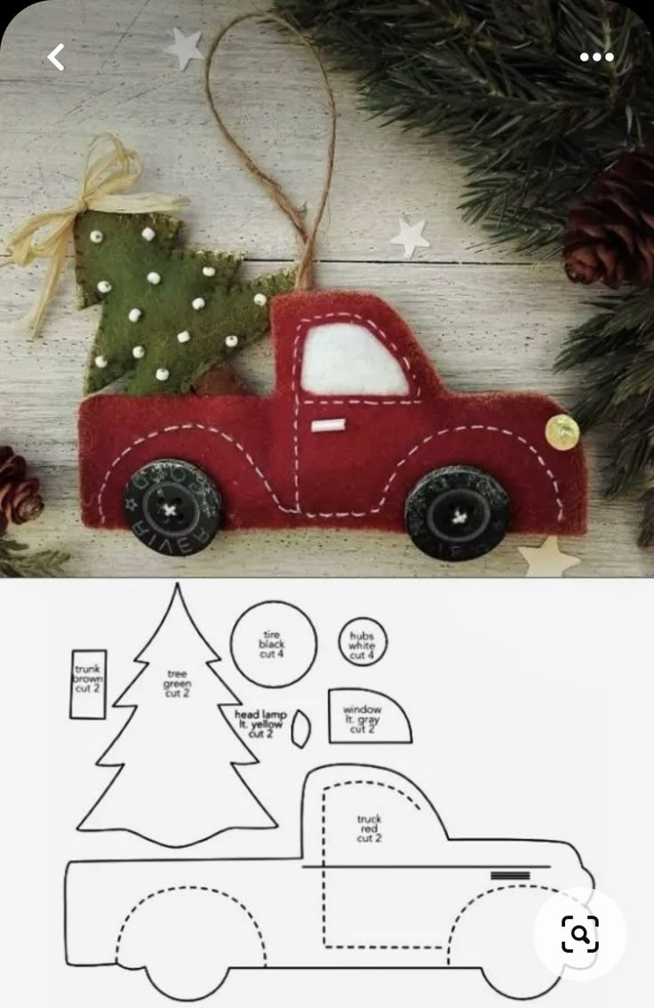 a red truck with a christmas tree on the back is shown next to an ornament