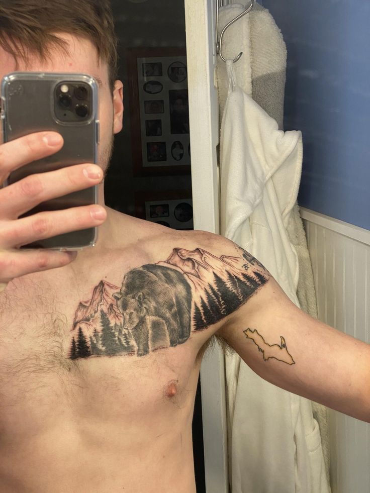 Chest mountain range, done by Kinsey Miller at Patriot’s tattoo in Fairfax, VA Mountains Chest Tattoo, Mountain Tattoo Chest, Patriots Tattoo, Va Tattoo, Small Chest Tattoos, Tattoo Chest, Trending Tattoos, Prison Tattoos, Chest Tattoos For Women