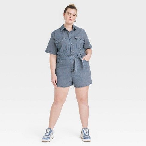 Women's Short Sleeve Denim Jumpsuit - Universal Thread™ Blue 18 Jumpsuit Outfit Black, Short Sleeve Denim Jumpsuit, Short Sleeve Denim, Jumpsuit Outfit, Short Sleeve Jumpsuits, Short Sleeve Romper, Denim Romper, Belted Shorts, Jumpsuit With Sleeves