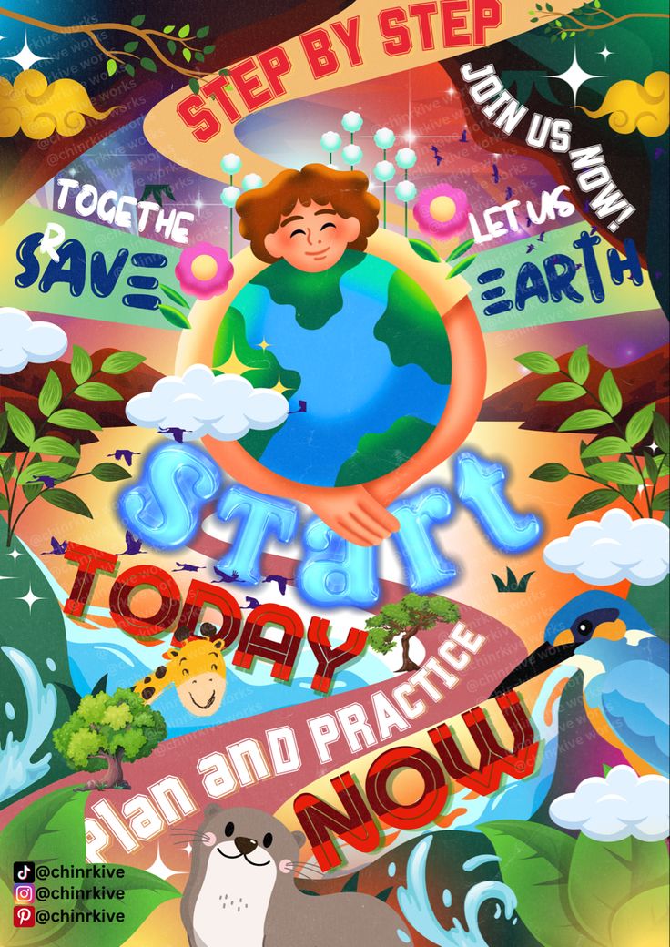 a poster with an image of a boy holding the earth in his hands and text that reads, step by step save our earth today