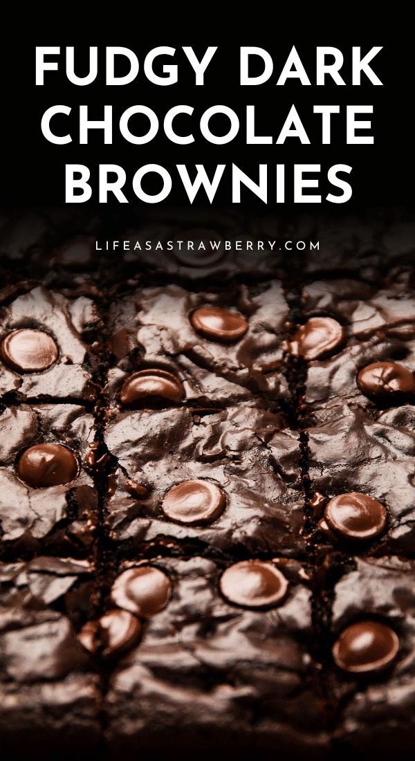 fudgey dark chocolate brownies on top of each other with text overlay