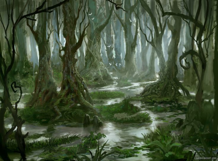 a painting of a swampy area with lots of trees and moss growing on the ground