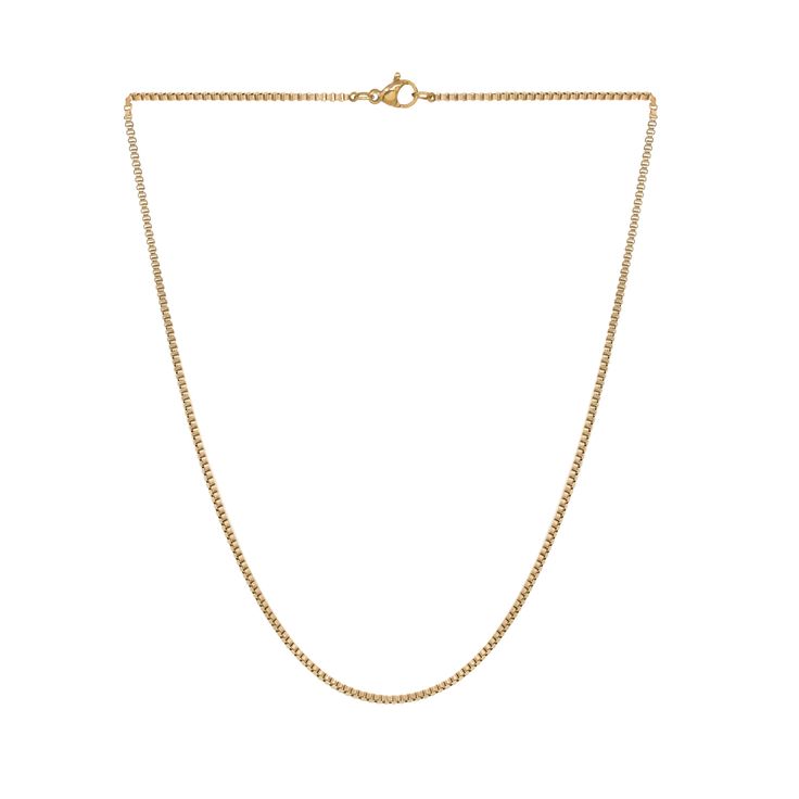 The Box chain is our version of a basic chain but chunky and more casual. It is meant to elevate your everyday look. Material: Stainless Steel and Gold Plated Length: 14.5” Classic Box Chain Necklace For Everyday, Minimalist Everyday Jewelry With Chain Strap, Everyday Adjustable Chain Necklace, Everyday Cuban Link Box Chain Necklace, Minimalist Everyday Curb Chain Necklace, Delicate Cuban Link Chain Necklace For Everyday, Everyday Gold Chain Necklace, Classic Jewelry With Chain Strap For Everyday Use, Classic Everyday Jewelry With Chain Strap