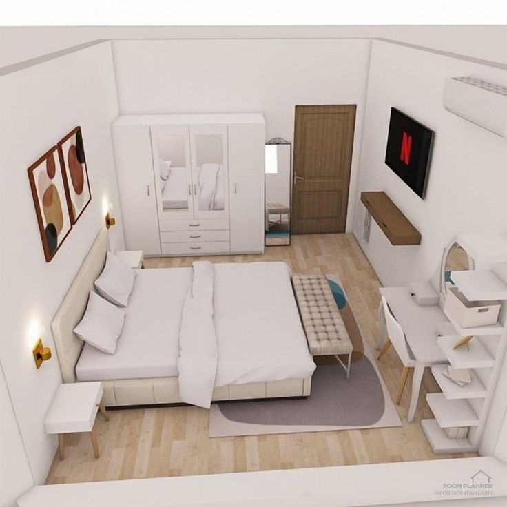 an artist's rendering of a bedroom with white furniture and wood flooring on the walls