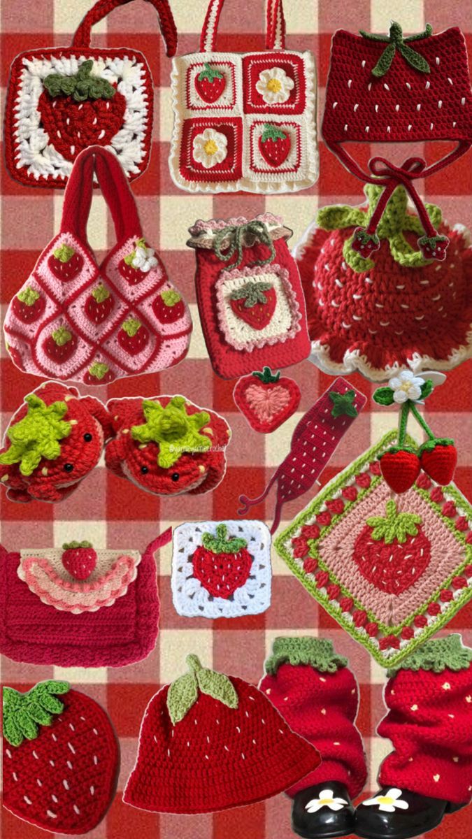 crocheted strawberry purses and handbags on a checkered tablecloth with strawberries