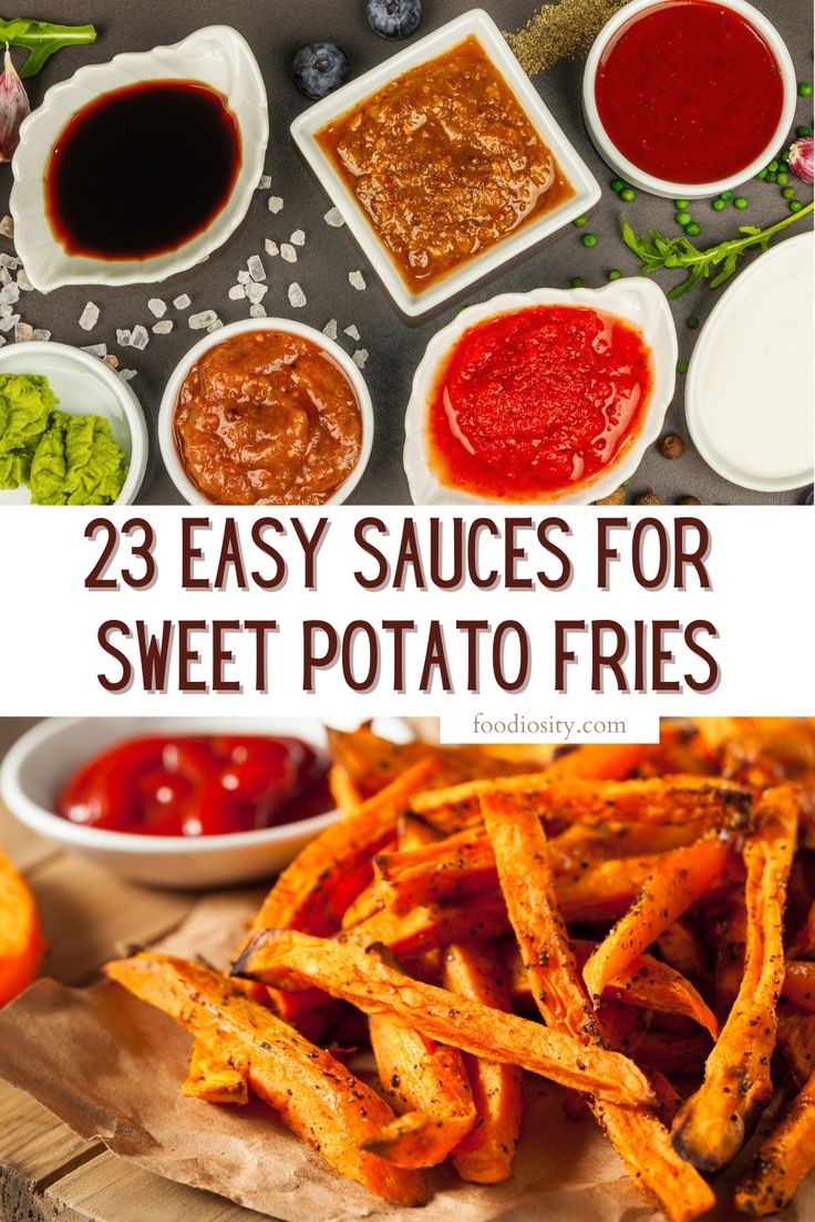 sweet potato fries with ketchup and sauces on the side are shown in this collage