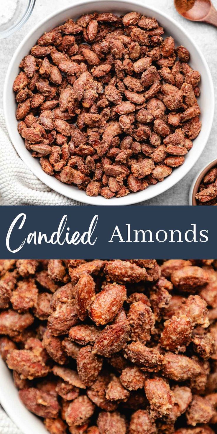 a bowl filled with candied almonds on top of a table