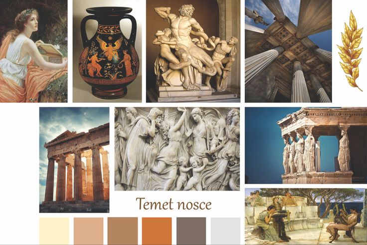 there are many different pictures in this collage that include statues, vases and paintings