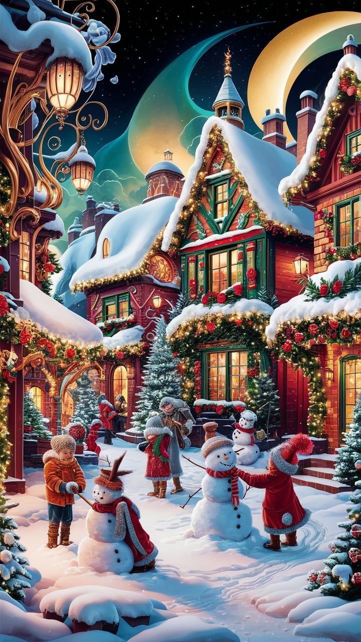 a christmas scene with snowmen and santas in front of a lit - up house