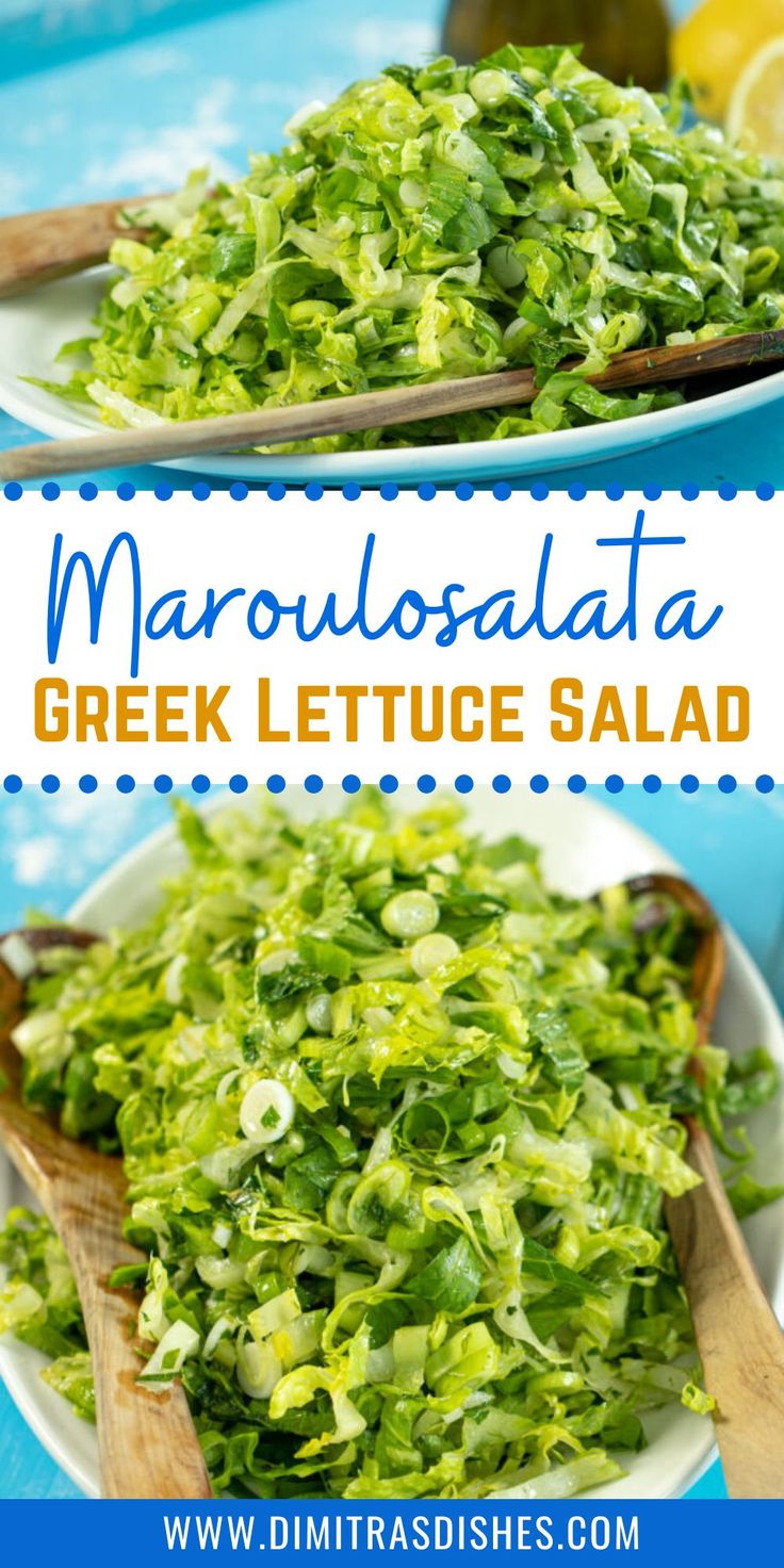 two white plates filled with lettuce salad on top of a blue tablecloth