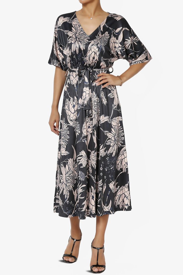 Samarah Floral Kimono Jersey Midi Dress DARK NAVY_1 Floral Print V-neck Loungewear Dress, Floral Print Viscose Midi Dress For Vacation, Printed Short Sleeve Loungewear Dress, Summer Floral Print Midi Dress In Viscose, Summer Viscose Midi Dress With Floral Print, Summer Viscose Maxi Dress With Tie Waist, Beach Floral Print Viscose Midi Dress, Beach Viscose Midi Dress With Floral Print, Patterned Floral Print Midi Dress For Beach