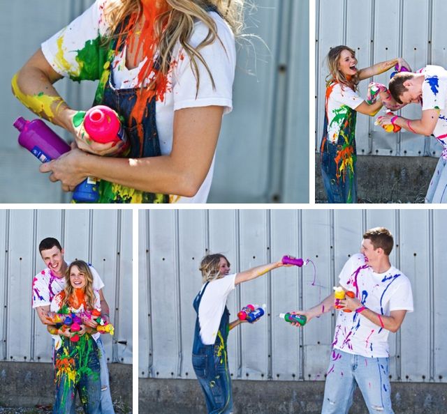 three pictures of people with paint all over their bodies and hands, one is throwing confetti on the other