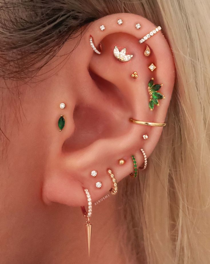 a woman's ear with several piercings on it