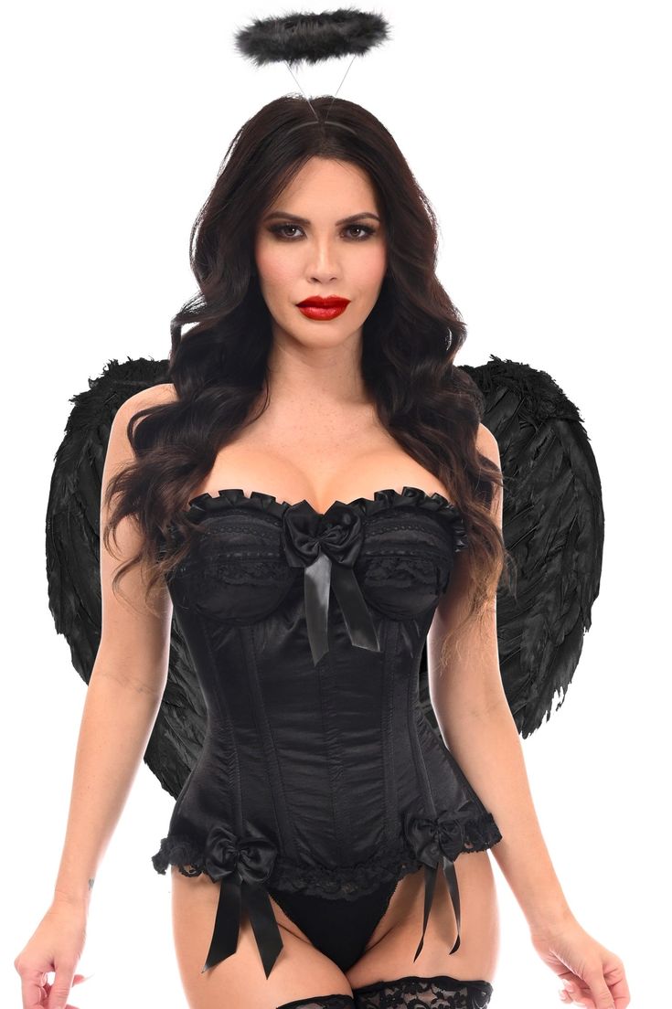 Costume Includes: Steel Boned Corset, Black Halo, Black Feather Angel Wings Fullbust corset made of premium satin fabric Hidden side zipper closure Underwire cups Spiral Steel boning throughout Flat steel boning in the back Lace-Up Back for cinching Dry Clean Only Black Satin Corset Dress With Boning, Gothic Strapless Corset For Club, Black Satin Underbust Corset Dress, Strapless Satin Corset For Club, Gothic Black Satin Corset, Black Gothic Satin Corset, Black Satin Gothic Corset, Satin Overbust Corset For Costume, Black Satin Corset With Corset Back